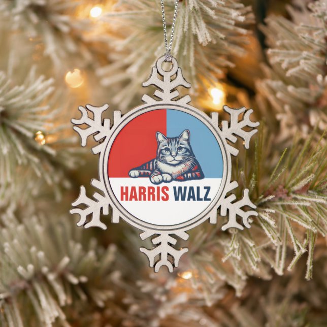 Harris Walz 2024 Obviously Red Blue Cat Snowflake Pewter Christmas Ornament (Tree)