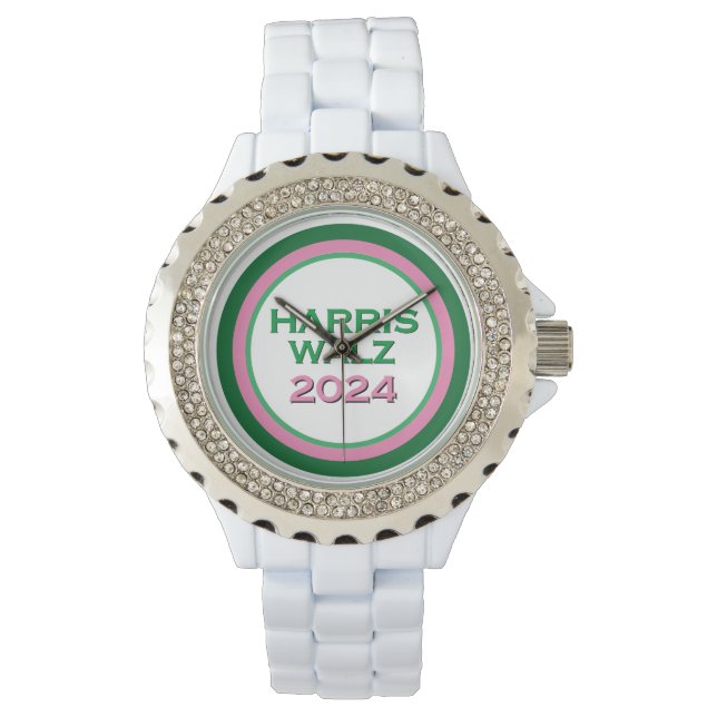 HARRIS WALZ 2024 Pink and Green Rhinestone Accent Watch (Front)