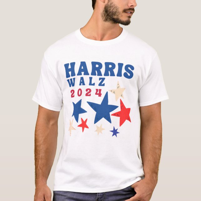 Harris Walz 2024 Stars Democrat Party Election  T-Shirt (Front)