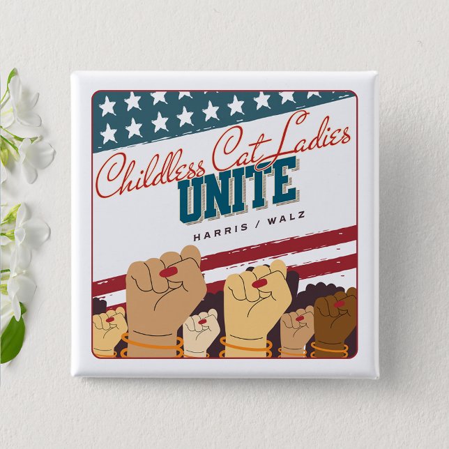 Harris Walz Childless Cat Ladies Unite Fists 15 Cm Square Badge (Creator Uploaded)