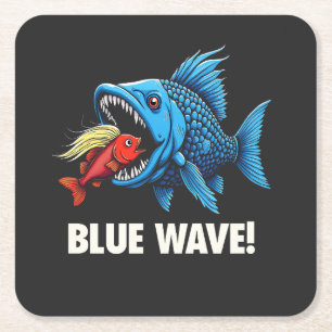 Harris Walz Election Blue Waves Democrat Fish Square Paper Coaster