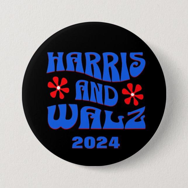 Harris & Walz Retro Flowers Black 7.5 Cm Round Badge (Front)