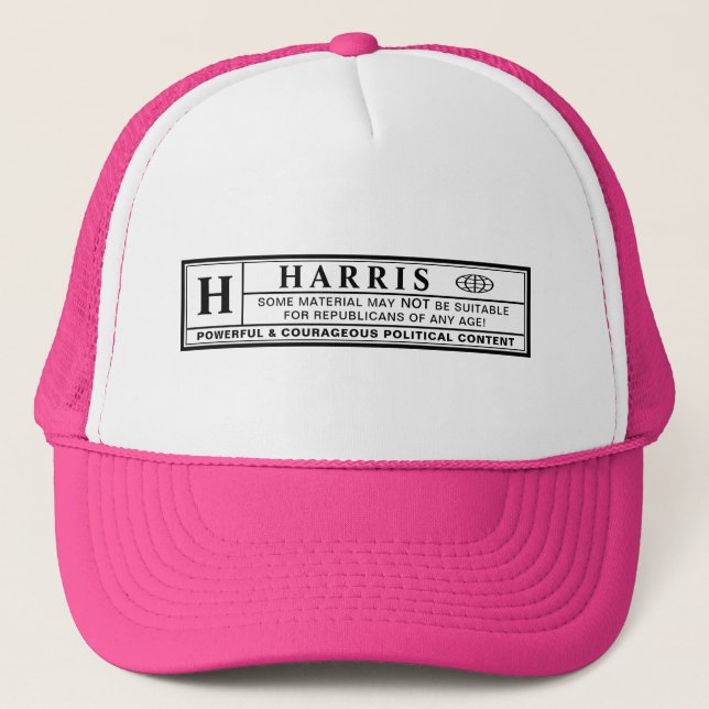 Harris Warning Label Trucker Hat (Front)