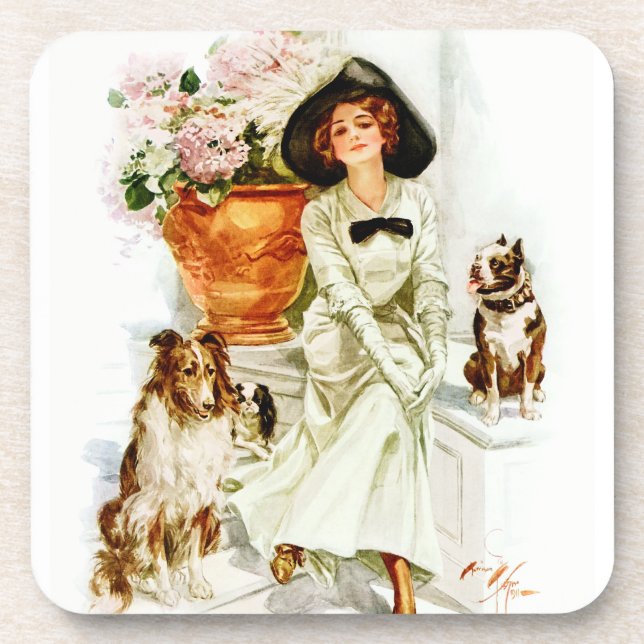Harrison Fisher: Woman with three Dogs Coaster (Front)