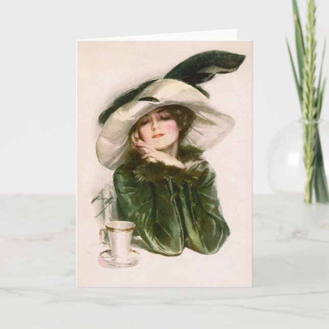 Harrison Fisher's "Contentment" & Coffee Greeting Card (Front)