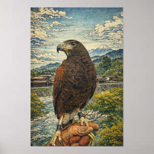 Harris's Hawk Ukiyo-e - Japanese Falconry Wall Art