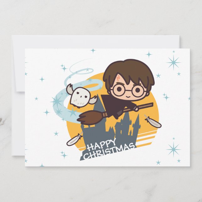 Harry and Hedwig Flying Past Hogwarts Christmas Holiday Card (Front)