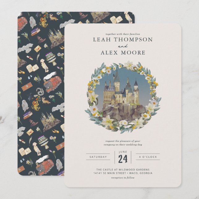 Harry Potter | Floral Hogwarts Castle Wedding Invitation (Front/Back)