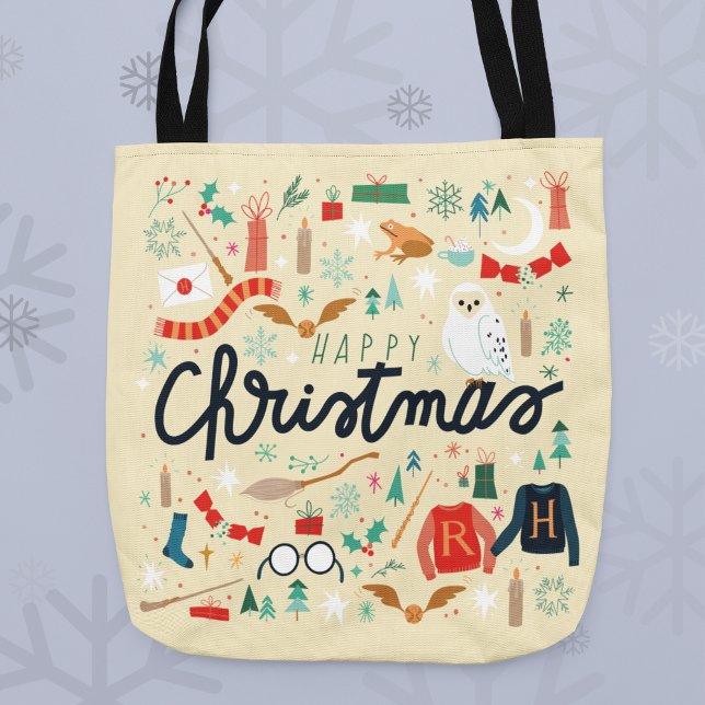 Harry Potter | Happy Christmas With Festive Icons Tote Bag (Tote bag on snowflake background)
