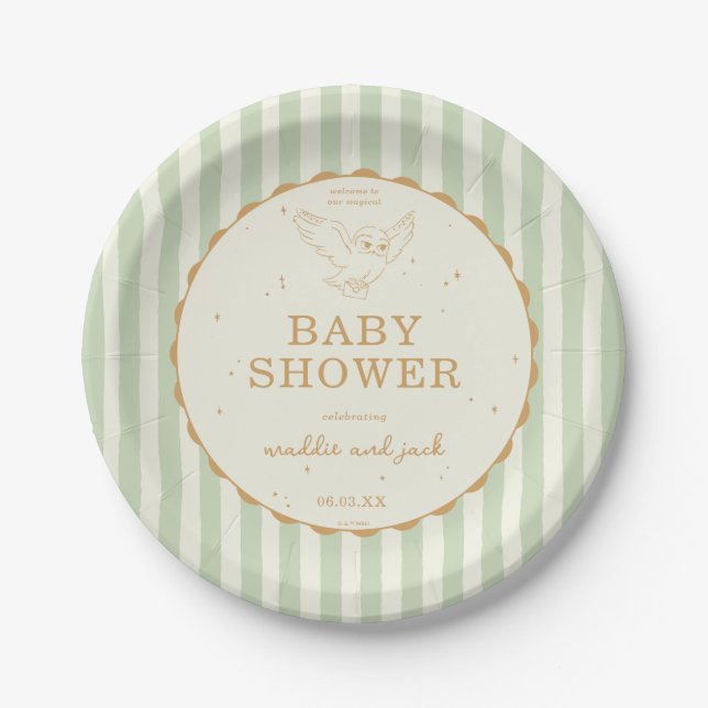 Harry Potter Hedwig Green Stripe Baby Shower Paper Plate (Front)