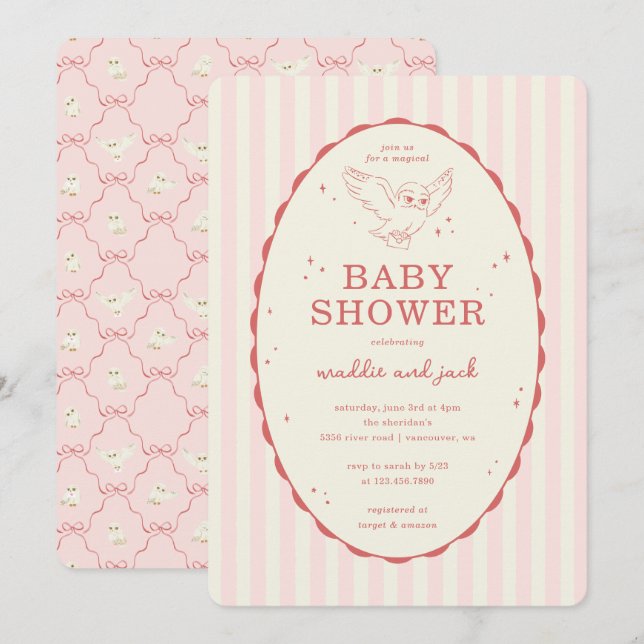 Harry Potter Hedwig Pink Stripe Baby Shower Invitation (Front/Back)