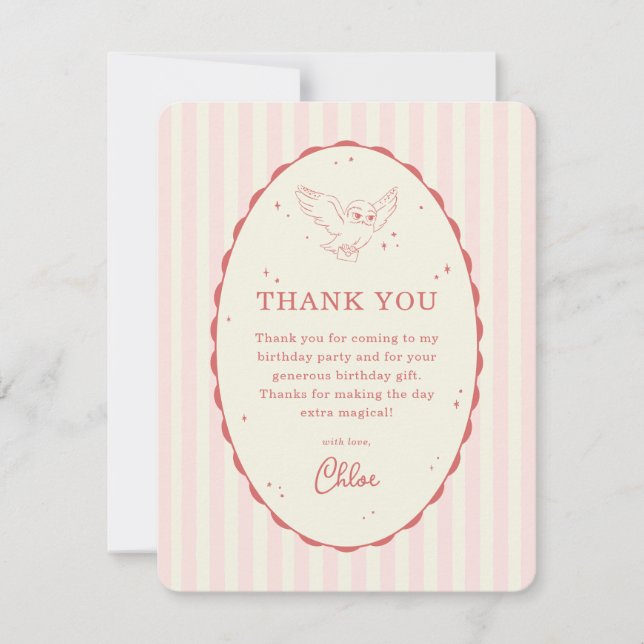 Harry Potter Hedwig Pink Stripe Birthday Thank You Card (Front)