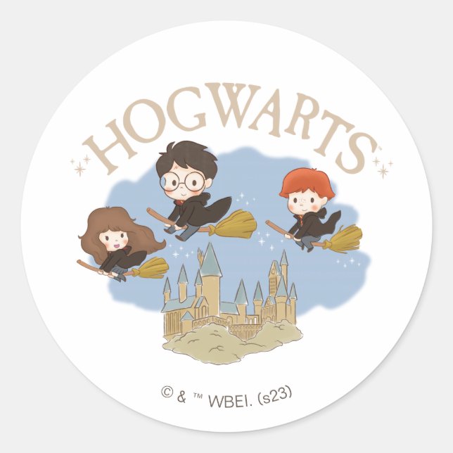 HARRY POTTER™, Hermione, & Ron Fly Over HOGWARTS™ Classic Round Sticker (Front)