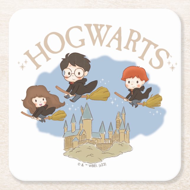 HARRY POTTER™, Hermione, & Ron Fly Over HOGWARTS™ Square Paper Coaster (Front)