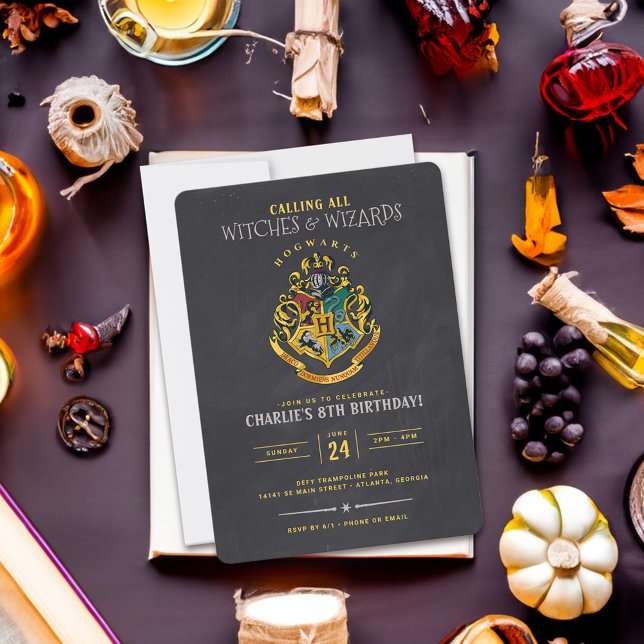 Harry Potter Hogwarts Crest Chalkboard Birthday Invitation (Card on table)