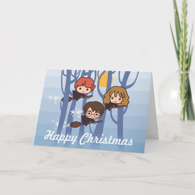 Harry, Ron, & Hermione Flying In Woods Christmas Holiday Card (Front)