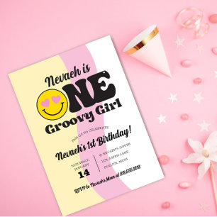 Hart Emoji One Groovy Girl 1st Birthday Invitation