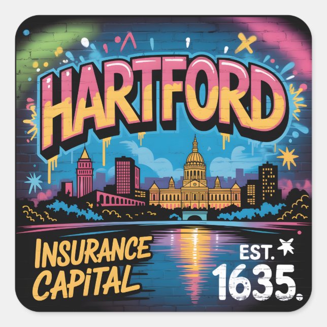 Hartford Connecticut Graffiti Mural Skyline Art Square Sticker (Front)