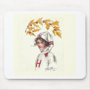 Harvard Coed in Winter with Holly Branch Mouse Mat