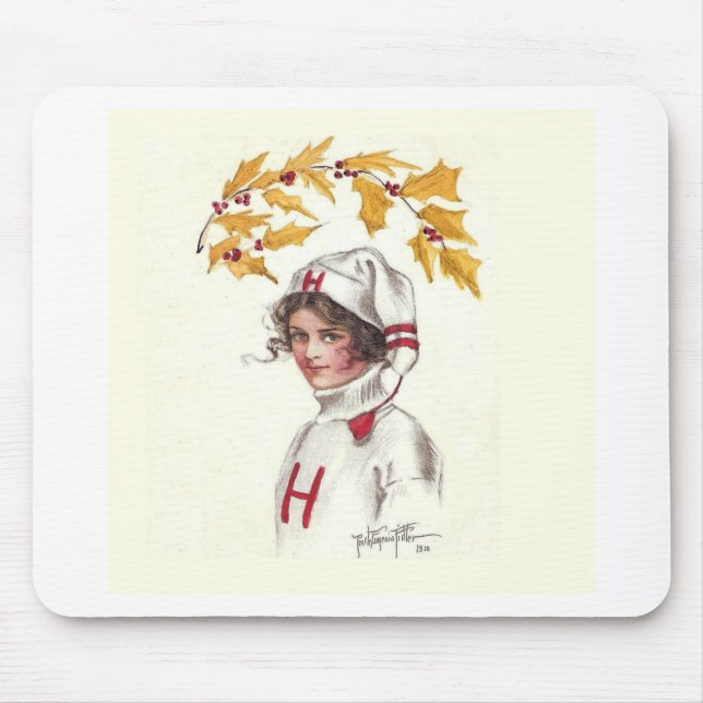 Harvard Coed in Winter with Holly Branch Mouse Mat (Front)