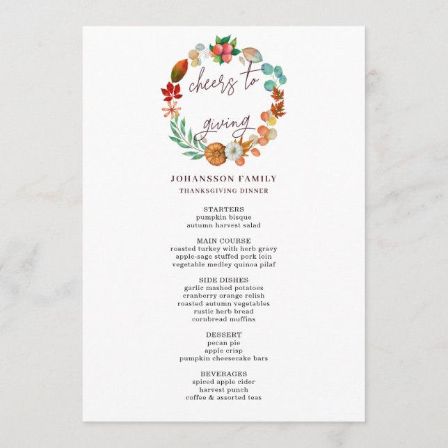 HARVEST AUTUMN PUMPKIN WREATH THANKSGIVING DINNER  MENU (Front)