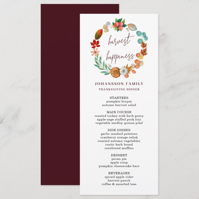 HARVEST AUTUMN PUMPKIN WREATH THANKSGIVING DINNER  MENU (Front/Back)