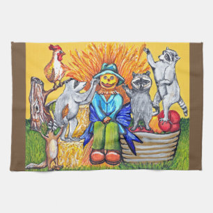 Harvest Autumn Scarecrow Raccoons Squirrel Rooster Tea Towel