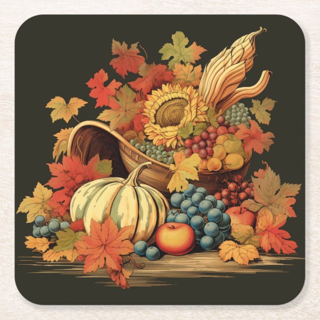 Harvest Blessings Basket: Bountiful Feast Square Paper Coaster (Front)