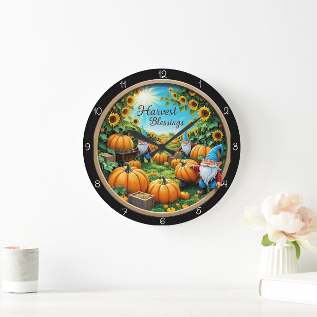 Harvest Blessings Gnomes Pumpkin Patch Large Clock (Home)
