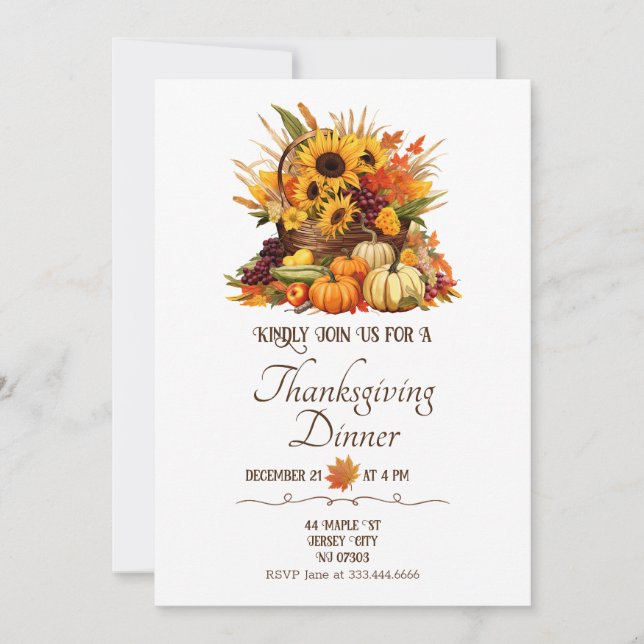 Harvest Bouquet&Fall Flowers Thanksgiving Dinner Invitation (Front)