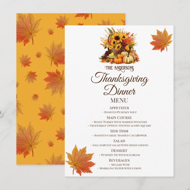 Harvest Bouquet&Fall Leaves Thanksgiving Dinner Menu (Front/Back)