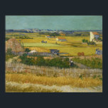 Harvest by Vincent Van Gogh Poster<br><div class="desc">Harvest by Vincent Van Gogh, oil on canvas 1888, is a complex landscape painting depicting a vast expanse of fields, fences and farmlands stretching towards the horizon, with farm buildings, a small town and crisply drawn, rolling hills in the distance. Farmers harvest their crops and pile large haystacks while horse-drawn...</div>