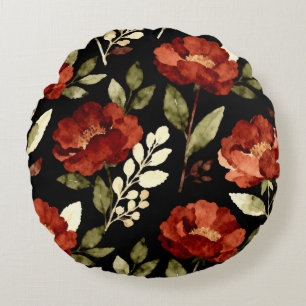 Harvest Ember Pattern Rust Red & Olive Floral Round Cushion