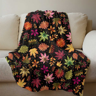 Harvest Fall Autumn Leaves Pattern on Black Fleece Blanket