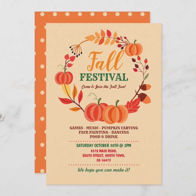 Harvest Fall Festival Pumpkin Autumn Event Leaves Invitation (Front/Back)