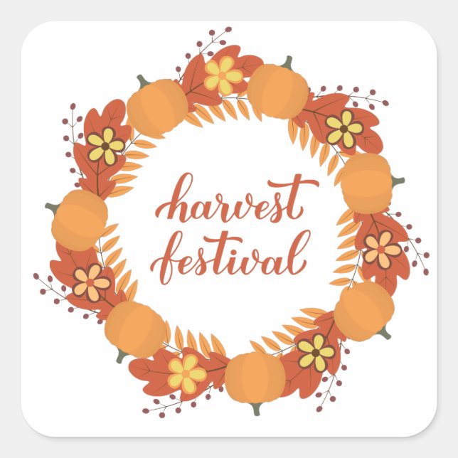 Harvest festival calligraphy with wreath square sticker (Front)