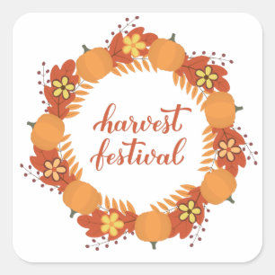 Harvest festival calligraphy with wreath square sticker