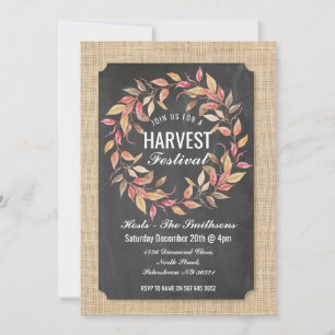 Harvest Festival Fall Chalk Burlap Leaf Wreath Invitation