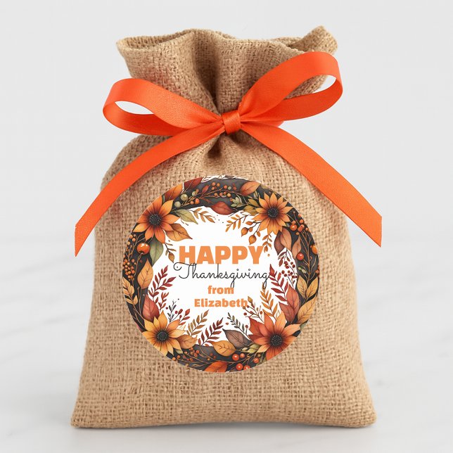 Harvest Floral Watercolor Thanksgiving Wreath  Classic Round Sticker (Creator Uploaded)