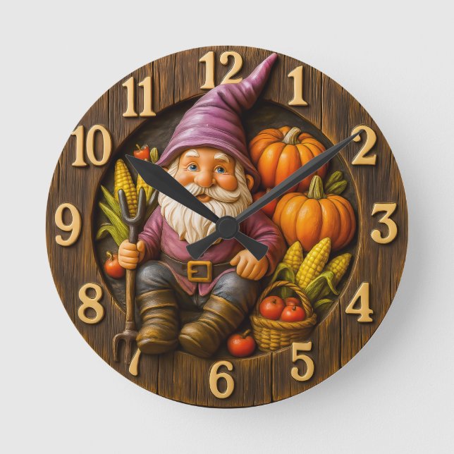 Harvest gnome with pumpkin rustic round clock (Front)