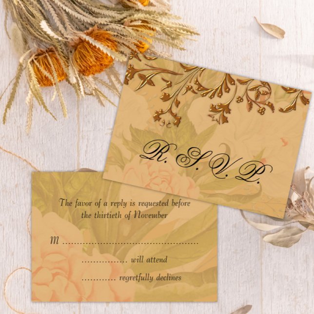 Harvest Gold and Faded Peonies Wedding RSVP Card (Creator Uploaded)