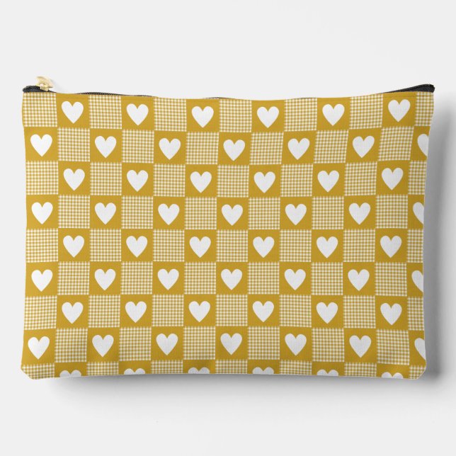 Harvest Gold Gingham Heart Patch Plaid Accessory Pouch (Front)