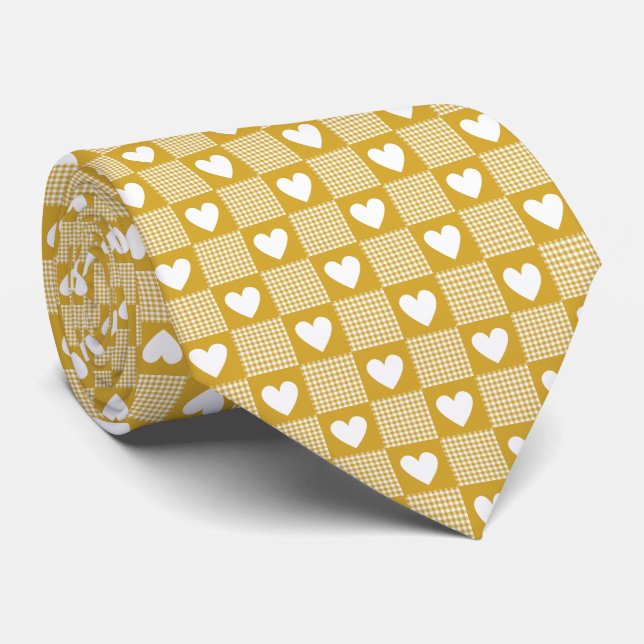Harvest Gold Gingham Heart Patch Plaid Neck Tie (Rolled)