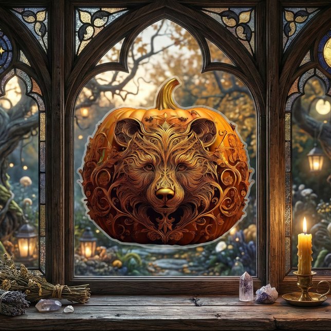 Harvest Guardian Bear Ornate Autumn Pumpkin Art Window Cling (Whimsigoth Samhain Decor | Golden Bear Pumpkin Window Cling. Autumn gothic home decor bear spirit)