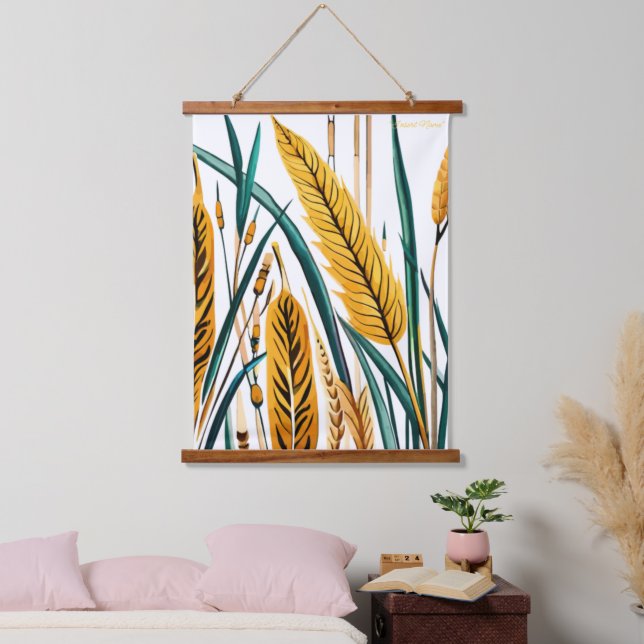 Harvest Harmony: A Wheat Pattern on a White Canvas Hanging Tapestry (Bedroom)