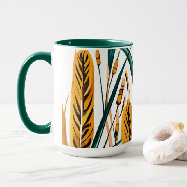 Harvest Harmony: A Wheat Pattern on a White Canvas Mug (With Donut)