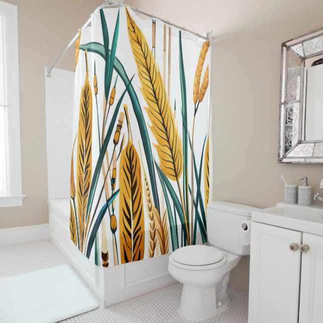 Harvest Harmony: A Wheat Pattern on a White Canvas Shower Curtain (In Situ)