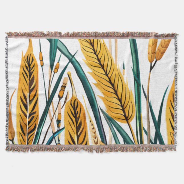 Harvest Harmony: A Wheat Pattern on a White Canvas Throw Blanket (Front)