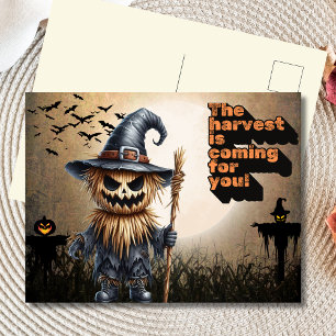 Harvest Hunter Creepy Scarecrow Halloween Holiday Postcard
