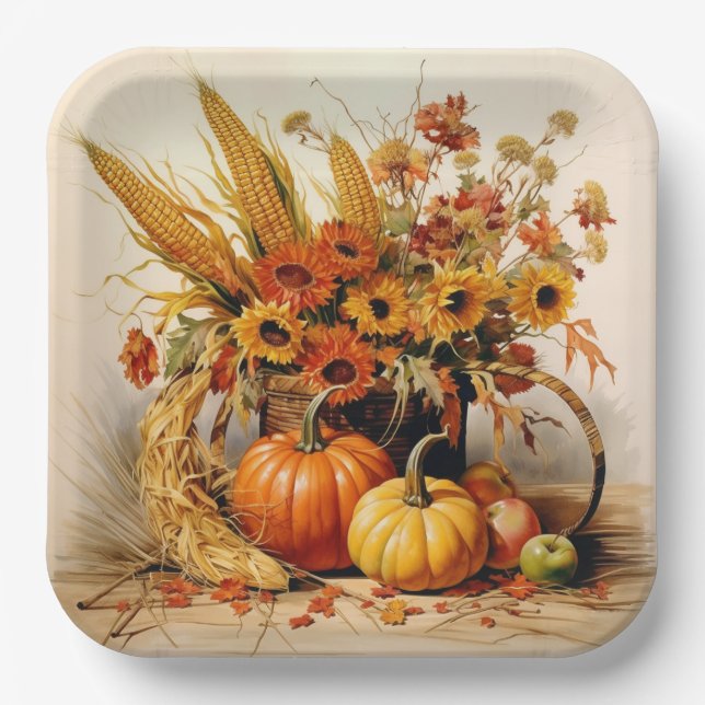 Harvest Medley: Foliage and Florals Paper Plate (Front)